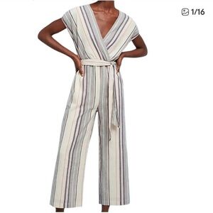 Anthropologie Cream Striped Wrap Jumpsuit with Blue & Gray Accents